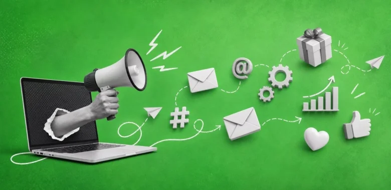 ABM campaign examples cover with laptop, megaphone, email, and marketing symbols