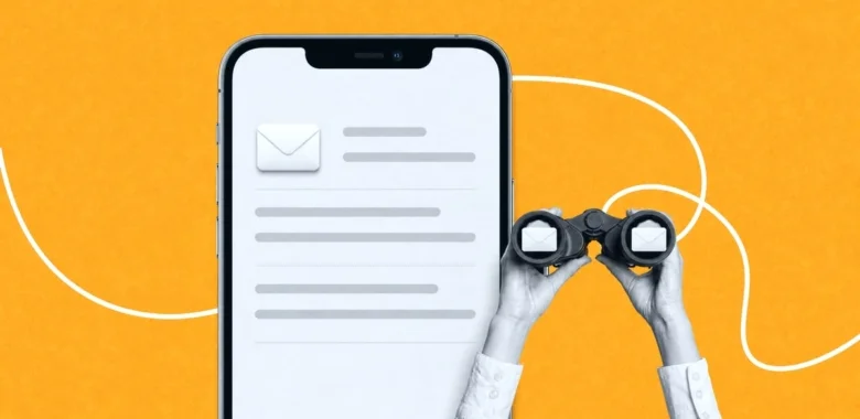 Email preview text cover with a smartphone and hands holding binoculars