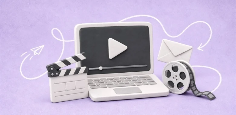 How to embed video in email cover with a laptop video player, clapperboard, film reel, and envelope