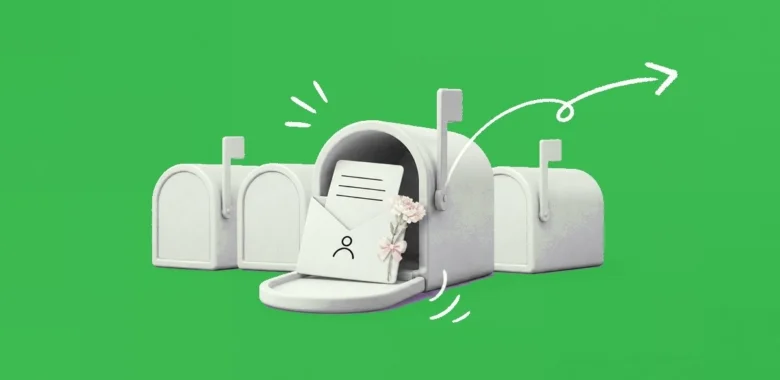 Personalized email marketing cover with envelope, customer profile cards, and automation elements