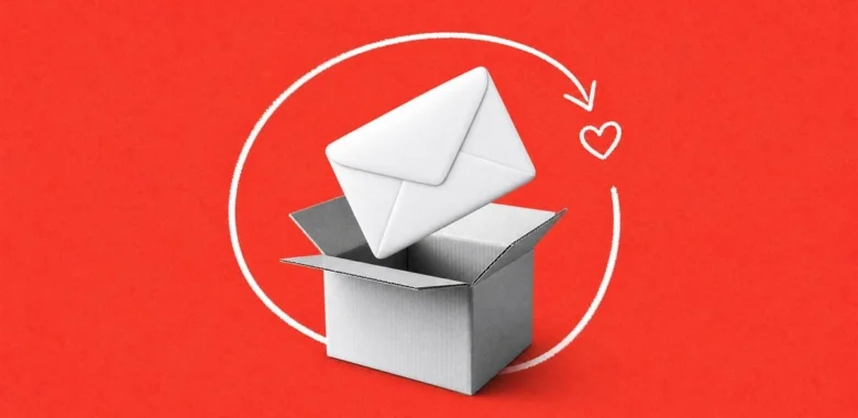 Post-purchase emails cover with an envelope rising from a shipping box