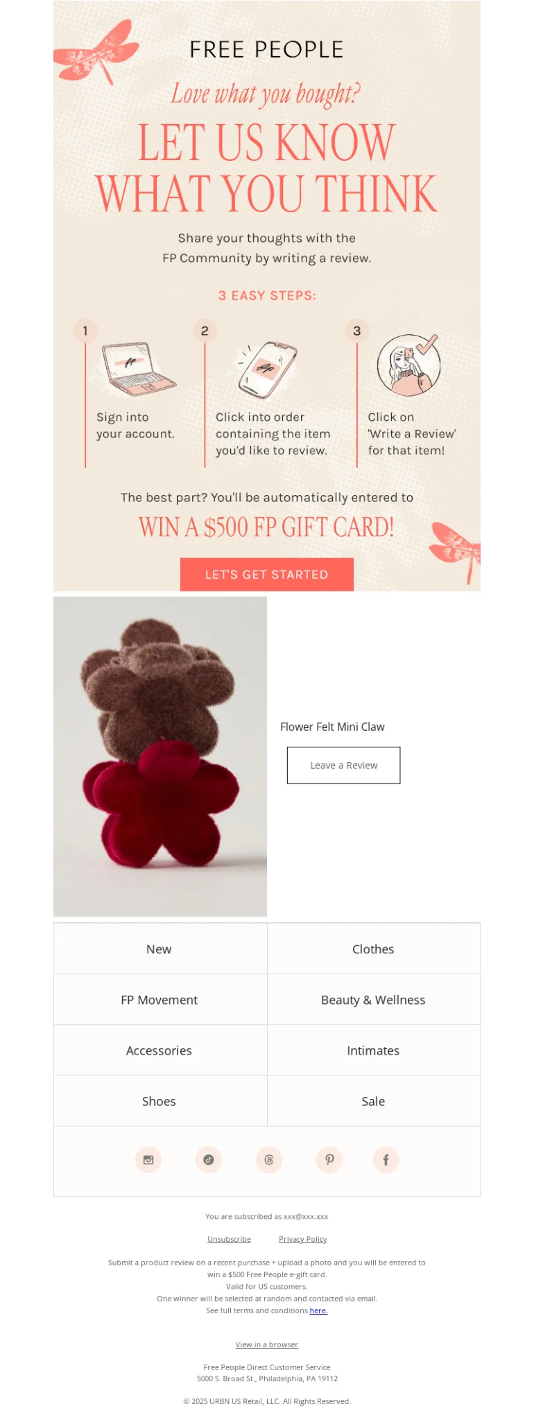 Customer feedback email offering a chance to win a gift card