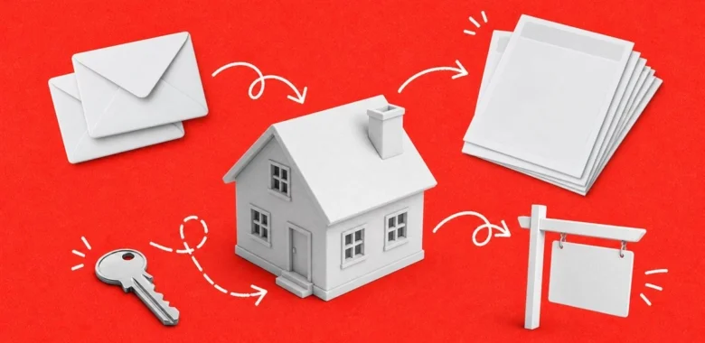 Real estate email templates cover with house, envelopes, papers, key, and real estate sign