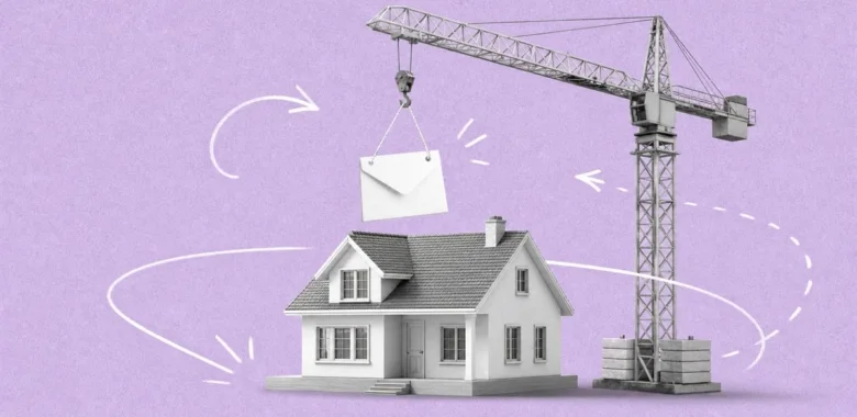 Real estate newsletter ideas cover with a house, crane, and envelope
