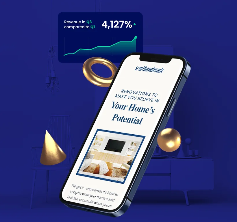 Cropped Semihandmade email marketing case study visual with phone and revenue growth metric