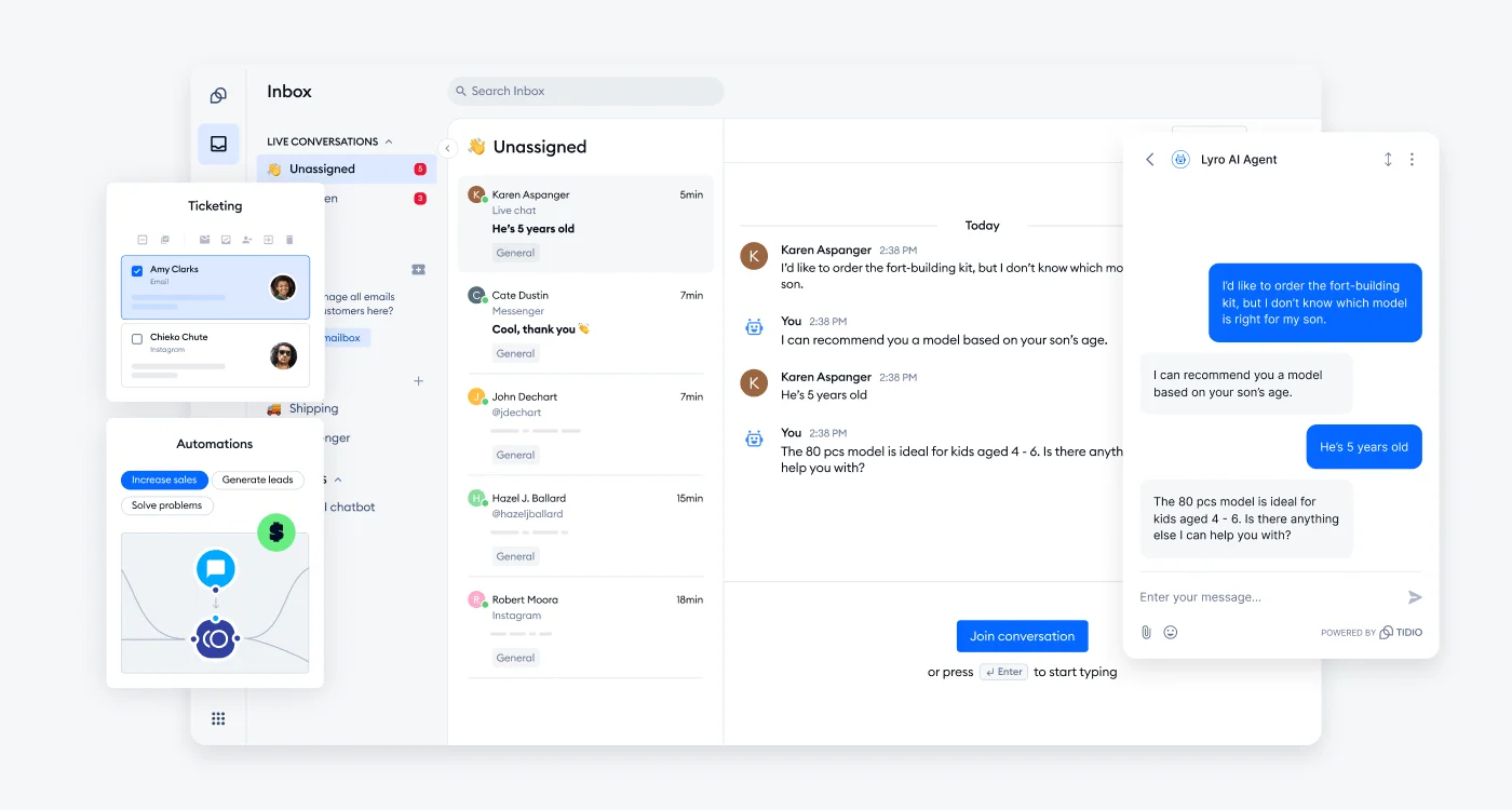 Tidio chatbot platform with live chat, automation flows, and the Lyro AI agent