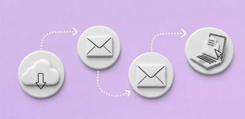 Email nurture campaign cover with a cloud, envelopes, and an automated email journey