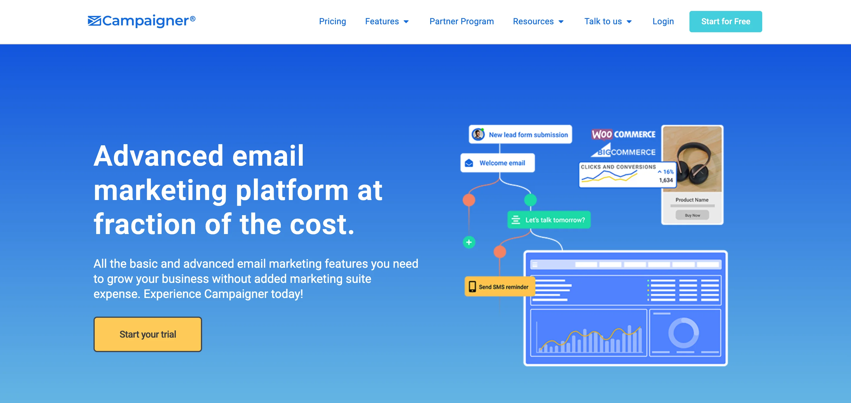 Campaigner automation builder with branching Send Email, Wait, and Check If condition blocks