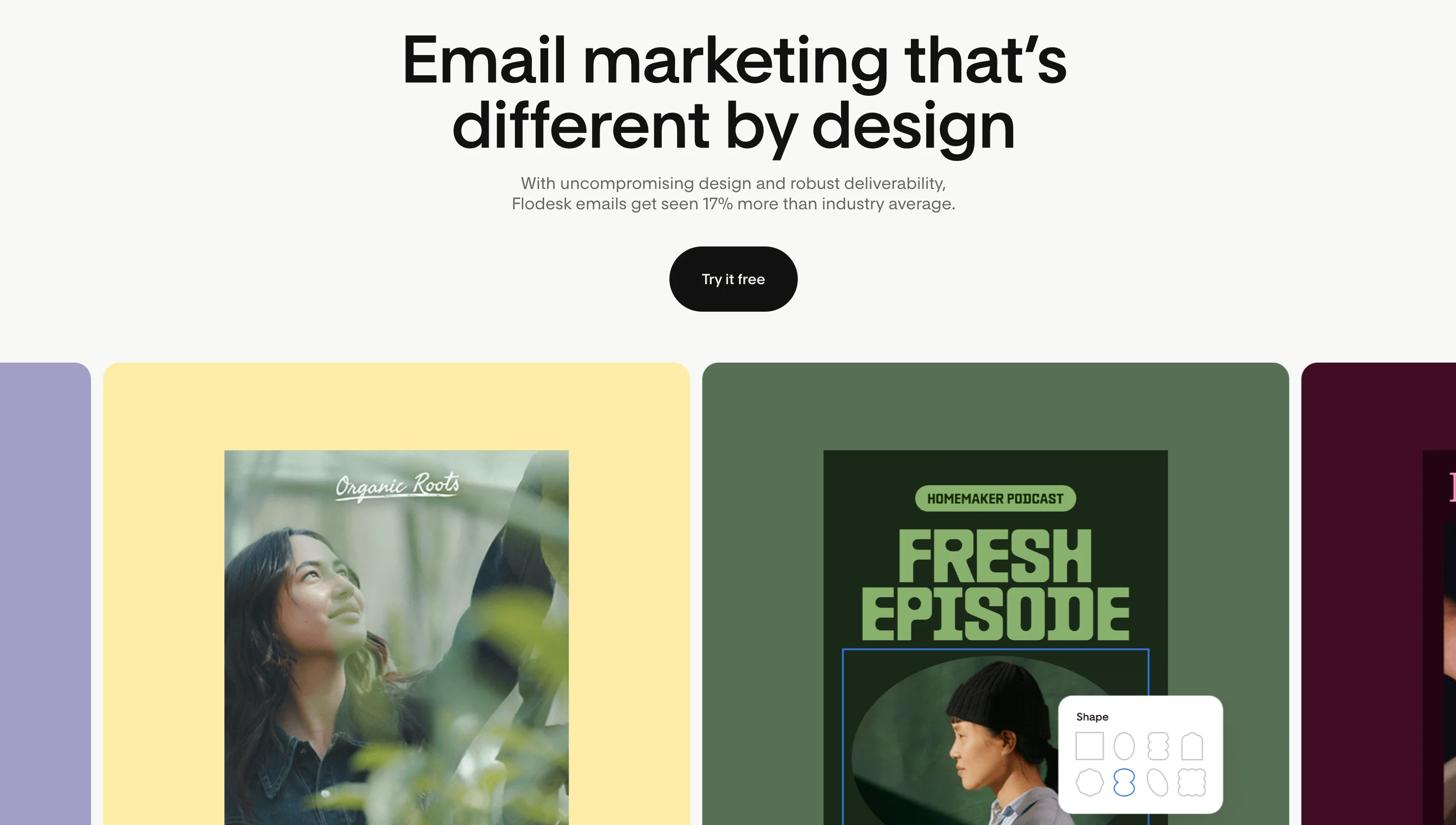 Flodesk email editor showing a branded template with custom fonts and drag-and-drop blocks
