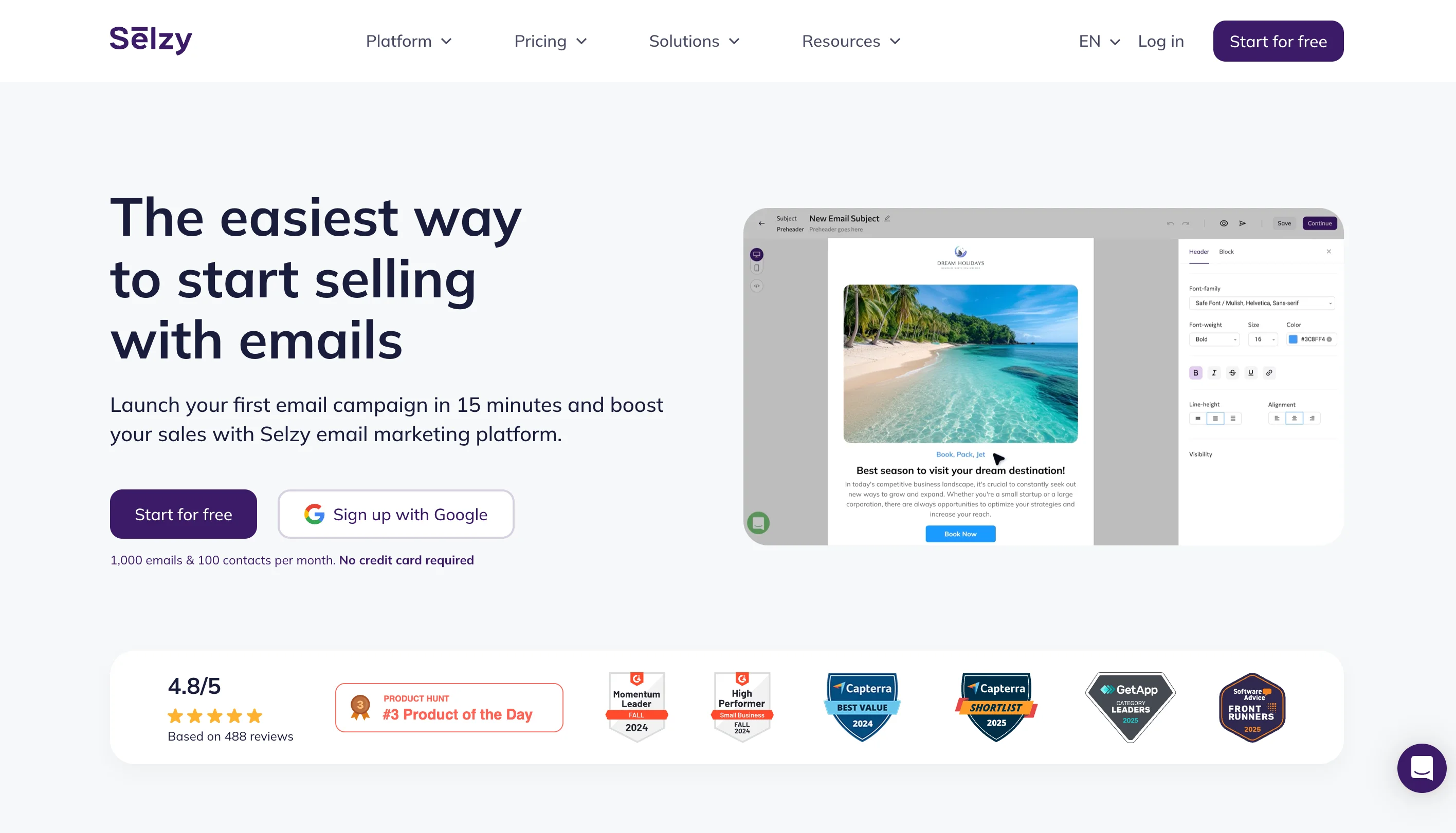 Selzy email marketing platform homepage with the headline "The easiest way to start selling with emails"