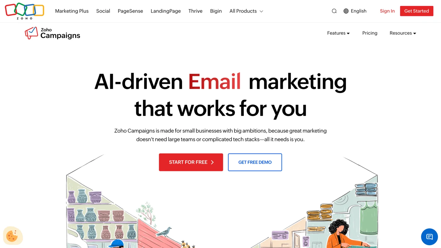 Zoho Campaigns automation builder with a list-entry trigger, delay step, and conditional branch to CRM actions