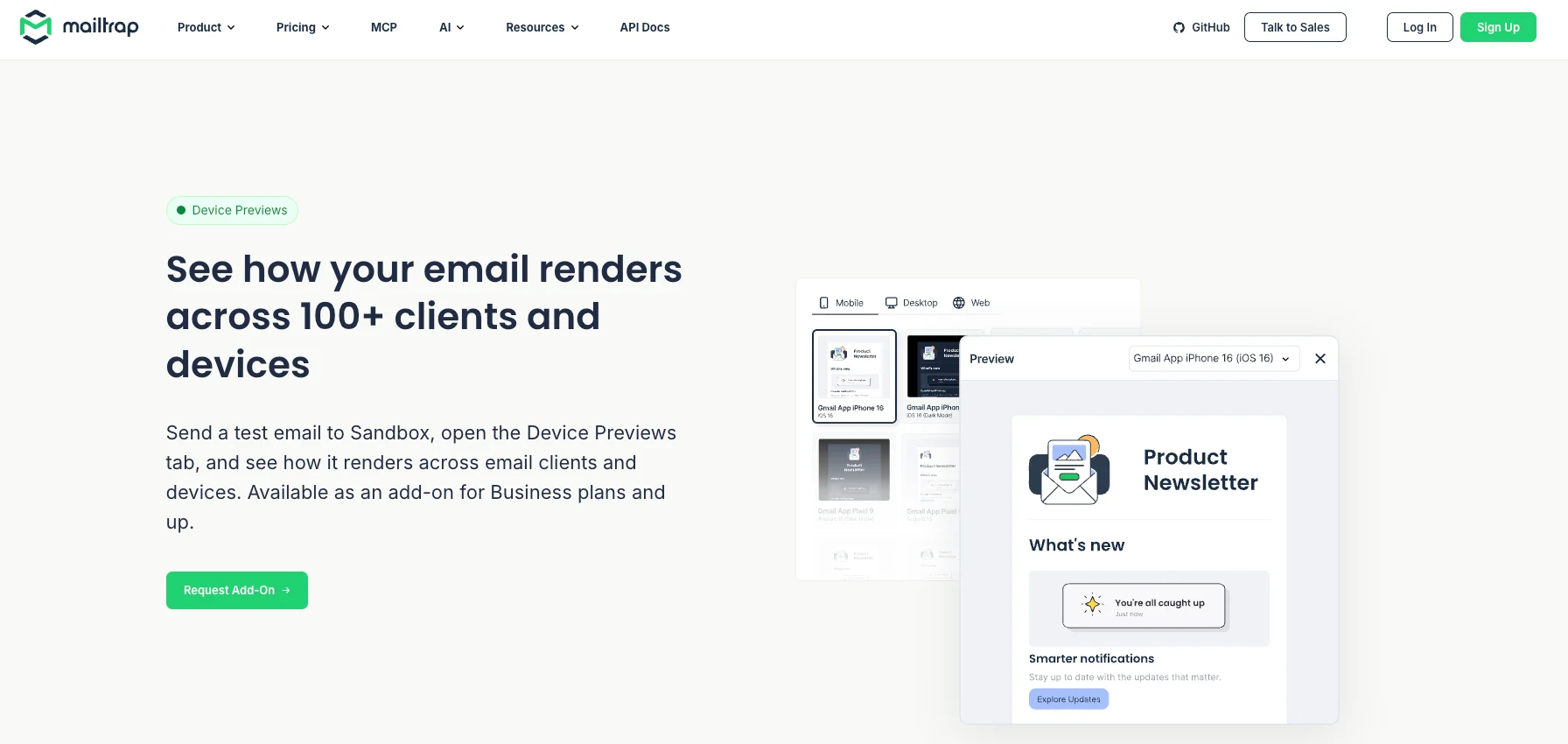 Mailtrap Device Previews interface showing how an email renders across multiple clients and devices