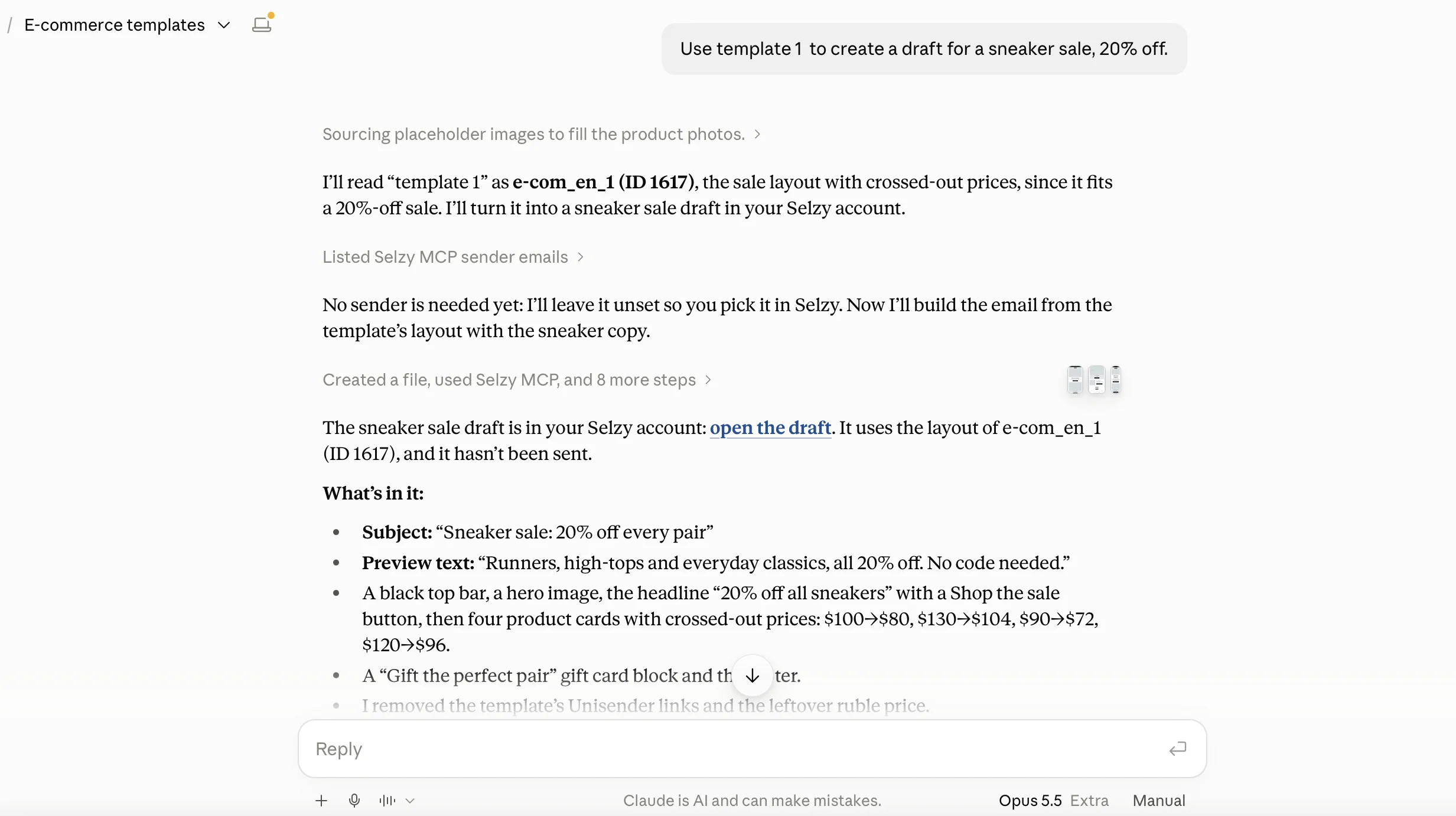 Claude using Selzy MCP to find e-commerce email templates