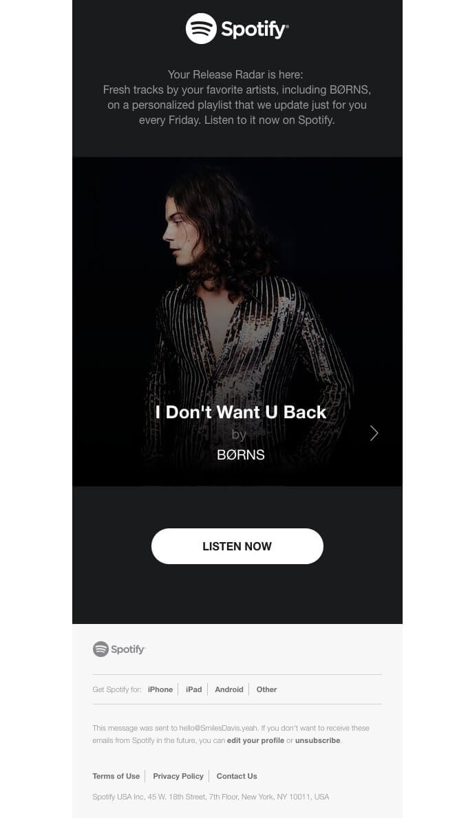 A newsletter example by Spotify
