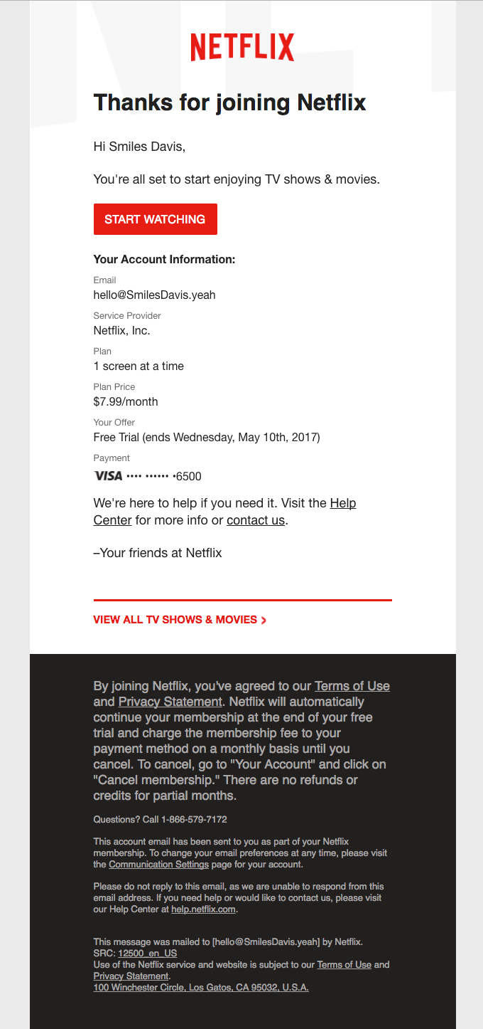 Netflix welcome email