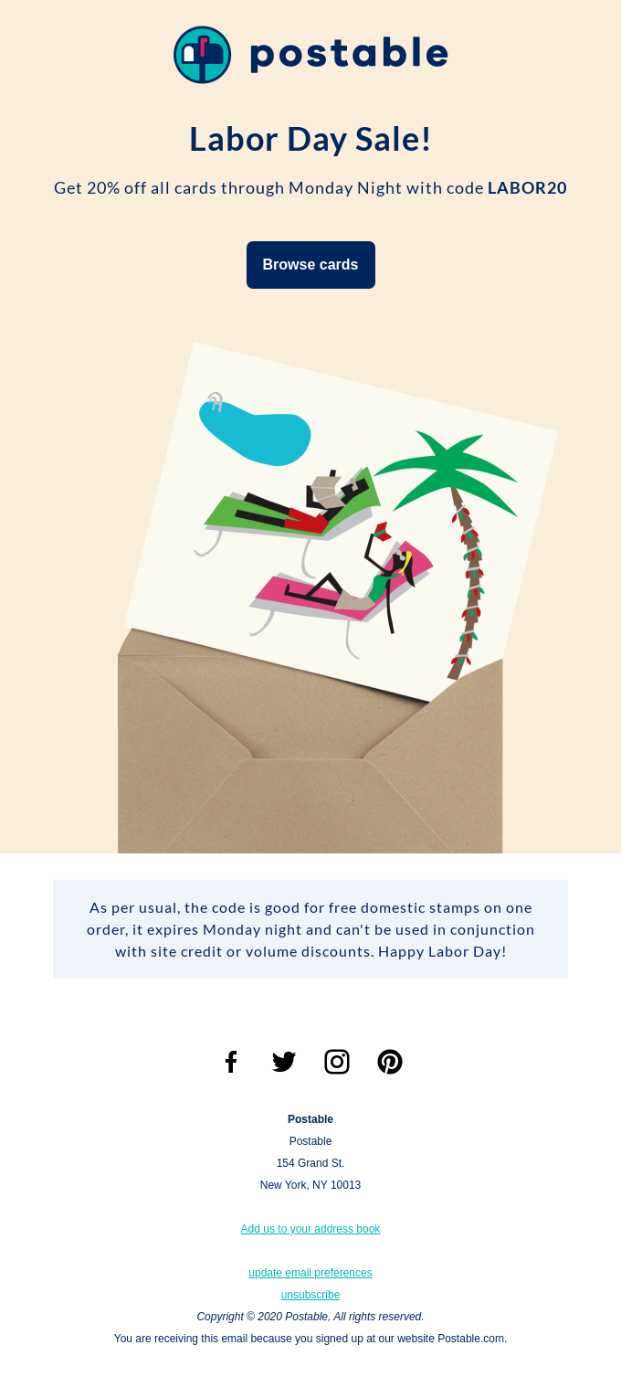 Labor Day sale email from Postable with a discount code on stamps and a picture of an envelope