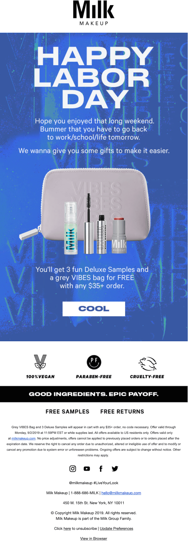 Labor Day gift email from Milk Makeup with a tagline “Bummer that you have to go back to school/work/life tomorrow”