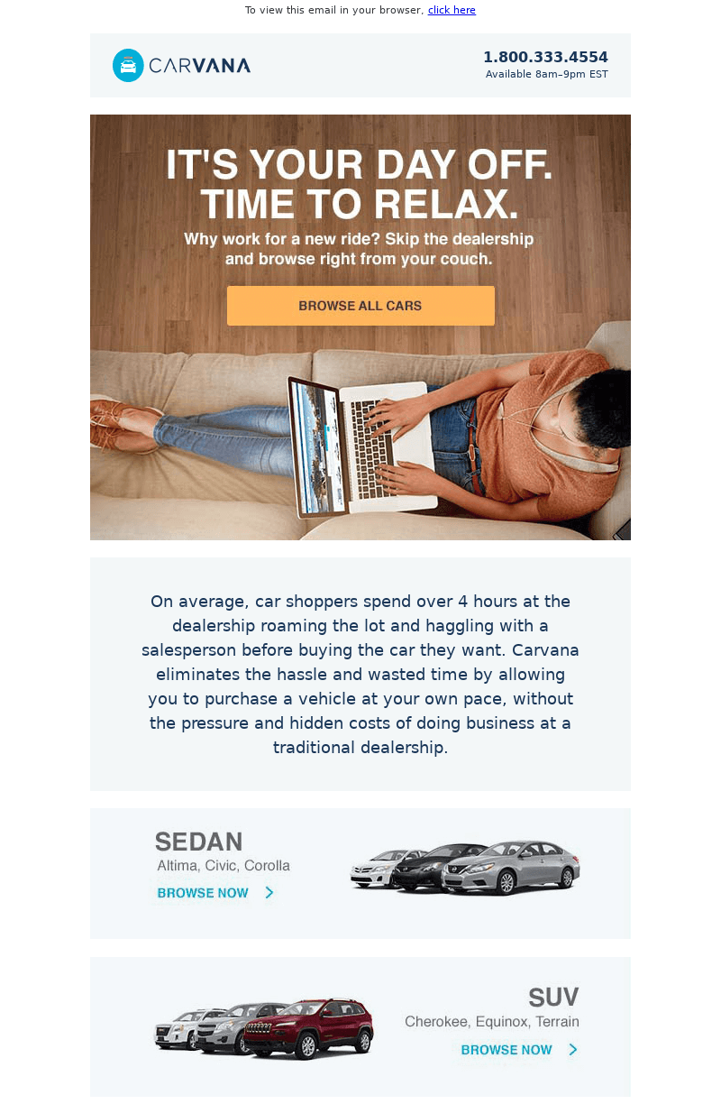 Labor Day email from Carvana with a tagline “It’s your day off. Time to relax”