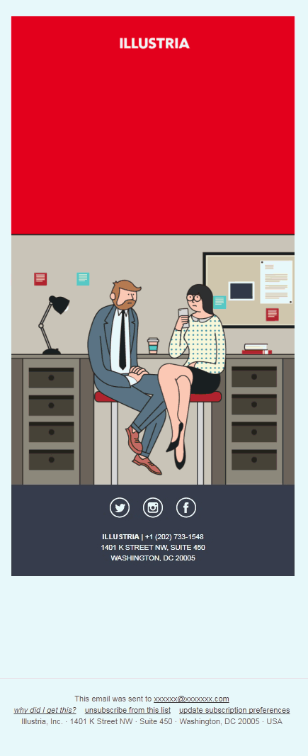 Labor Day email from Illustria that features a GIF animation with two shots: a couple wearing office attire sitting in the office and the same couple sitting at a bar wearing beach apparel, the text says “It’s Labor Day weekend // Enjoy! You earned this”