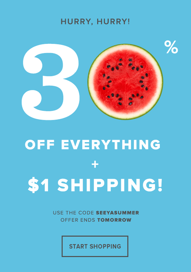 Labor Day email that says “30% off” but the zero in the number is a watermelon slice that is animated, it disappears section by section