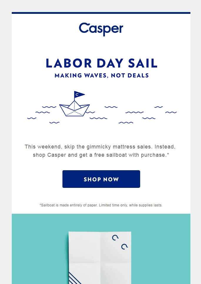 Labor Day email from Casper that promotes free paper sailboats with every order and plays on the Sale/Sail homophony