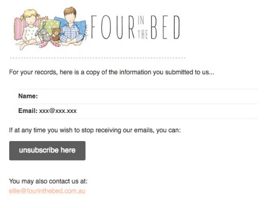 Four in the Bed welcome email.