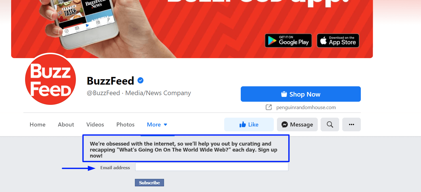 BuzzFeed Facebook sign-up tab description