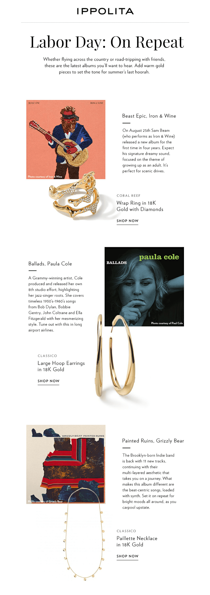 Labor Day email from Ippolita that features a selection of the latest music records to listen to, short reviews, and jewelry pieces with the same vibe