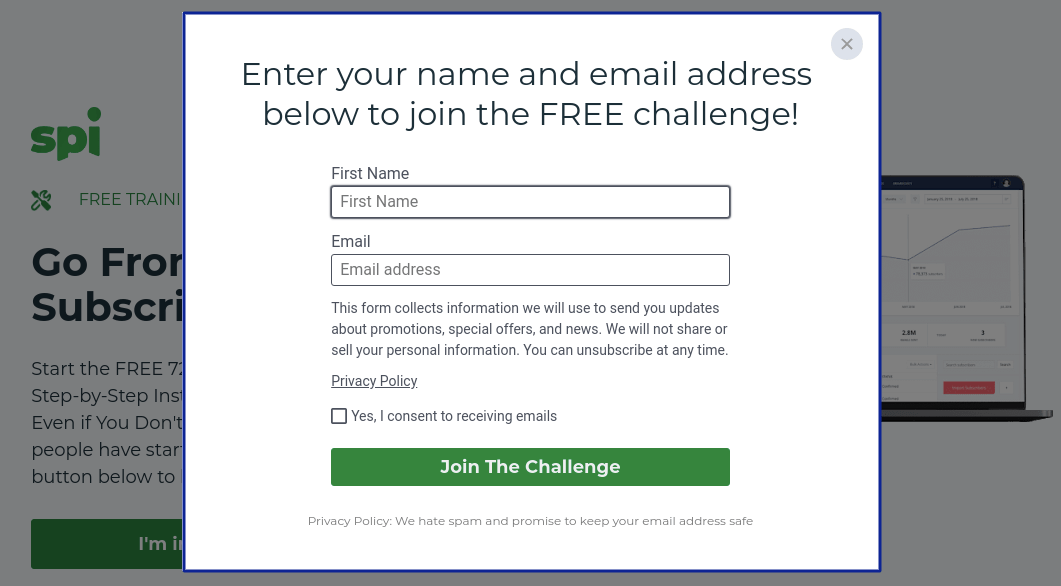 a consent box to receive a newsletter on the first step of the challenge sign up