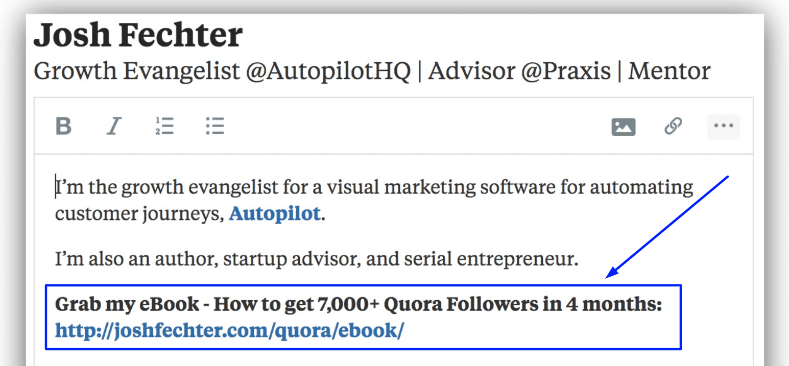 an example of promoting lead magnets in the Quora bio.