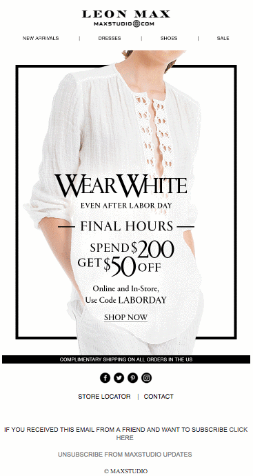 Labor Day email from Leon Max that promotes a sale of white clothes and features a GIF where several garments are demonstrated