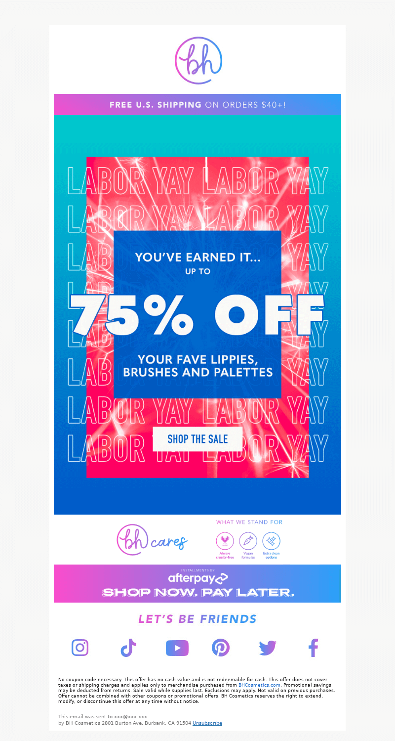 Labor Day email from BH Cosmetics that promotes a 75% discount and is designed in the color scheme resembling an American Flag but not quite
