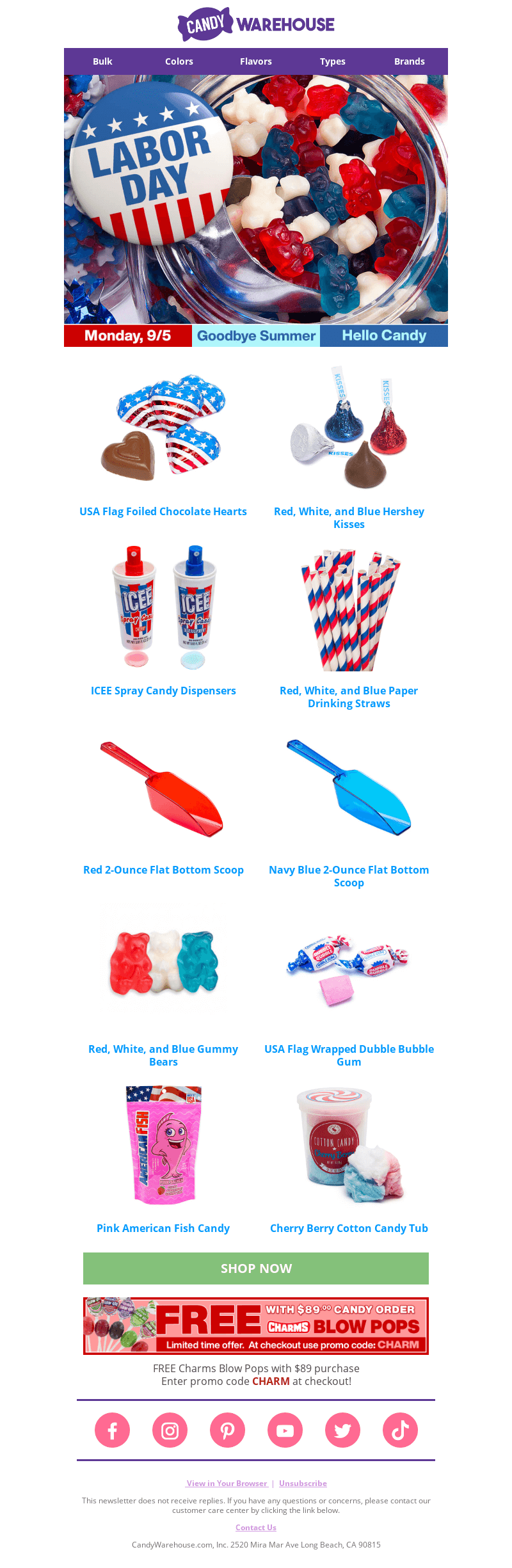 A Labor Day email from CandyWarehouse with a selection of candy and other items in the colors of the American flag
