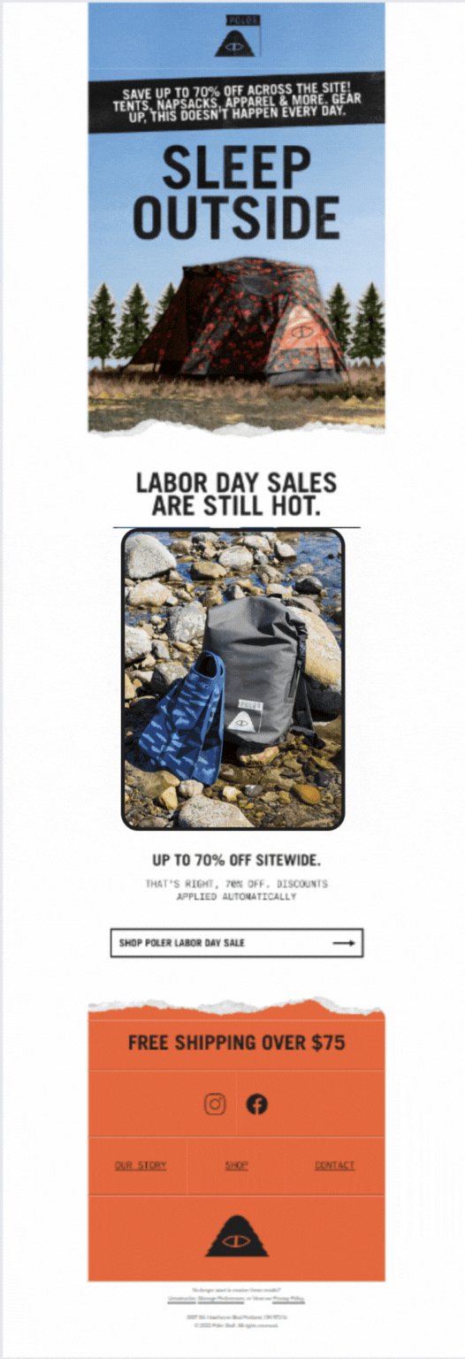 Labor Day email that promotes camping gear with a tagline “Sleep outside in any season”