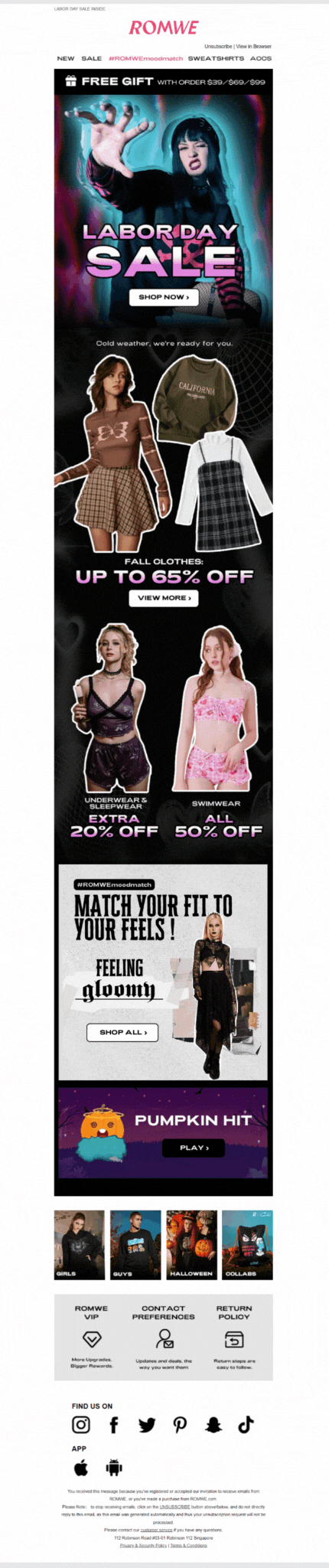 Labor Day email from Romwe that promotes fall clothes, swimsuits, and underwear with discounts. It also has a GIF that says “Match the fit to your feels”.