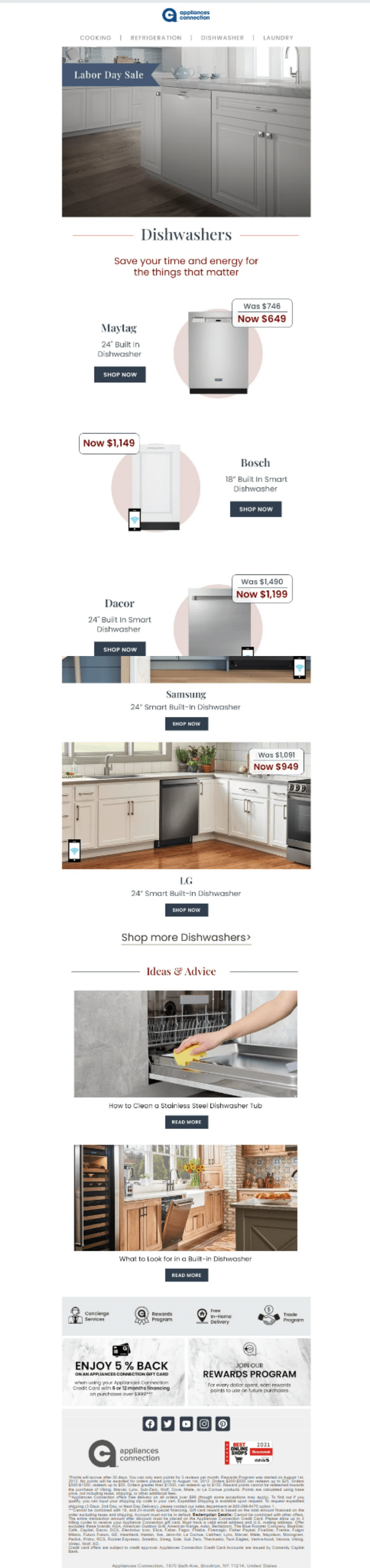 A Labor Day email that promotes a dishwasher sale with a tagline “Save your time and energy for things that matter”