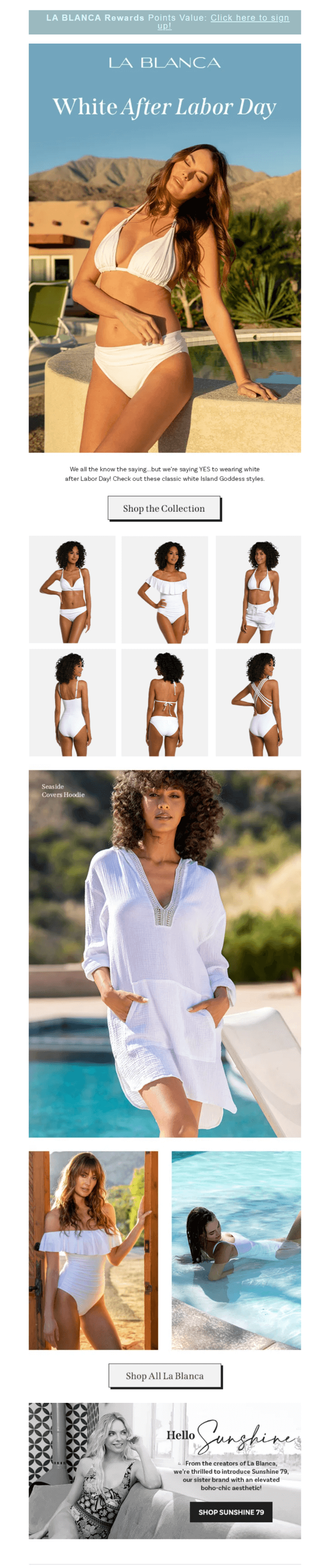 A Labor Day email from La Blanca that promotes white swimsuits and beach apparel with a tagline “White after Labor Day”