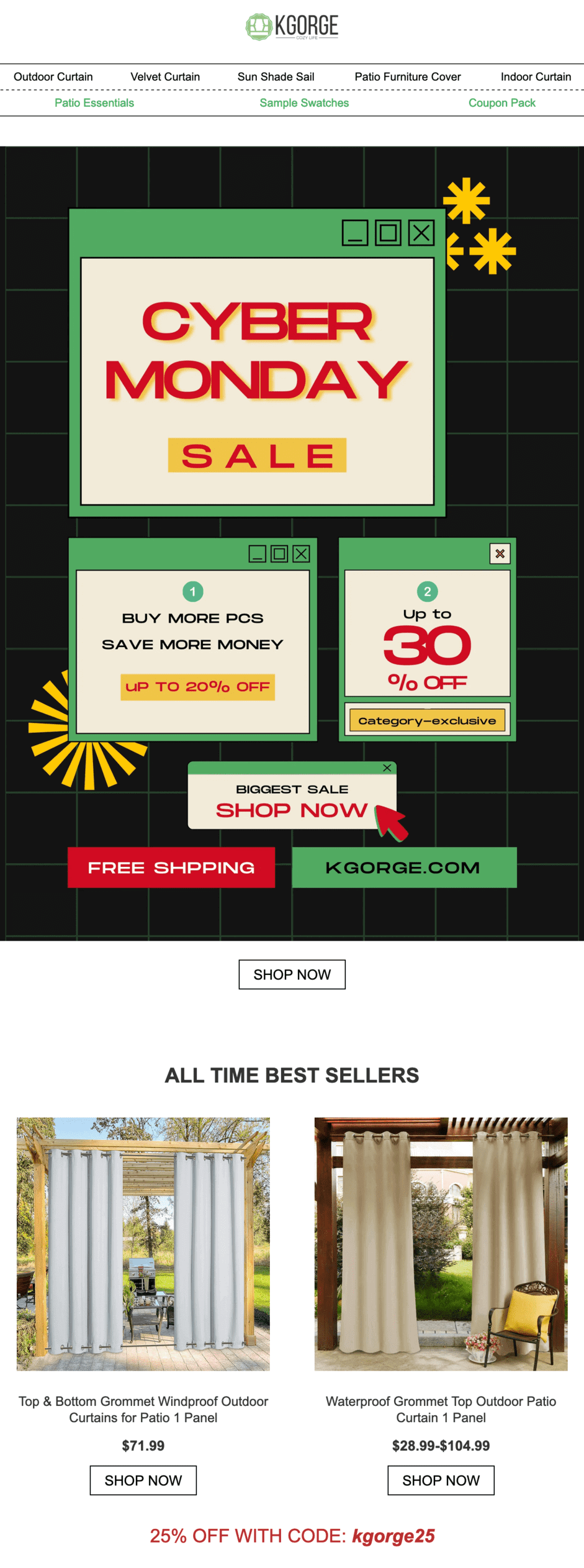 A Cyber Monday email with a banner with several windows detailing the promotion