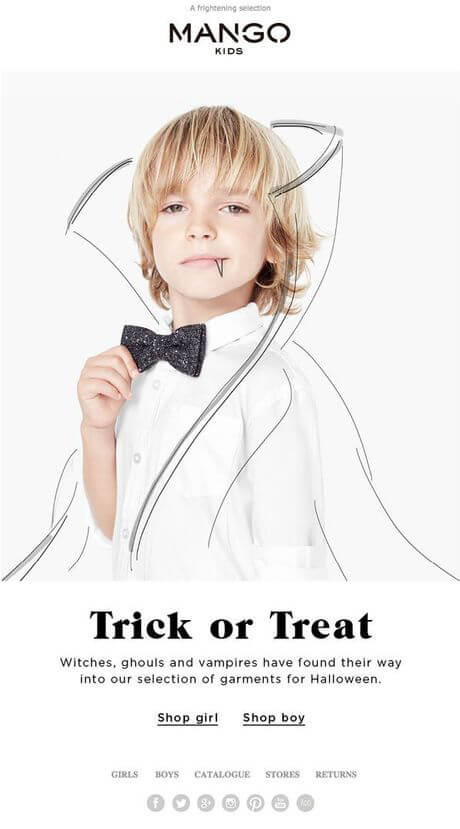 A Halloween email with a photo of a boy with a cloak and a fang sketched over.