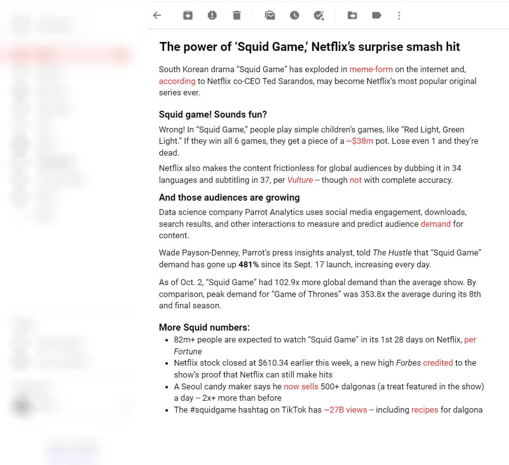 The Hustle’s newsletter is a good example of what a neat text-based email can look like