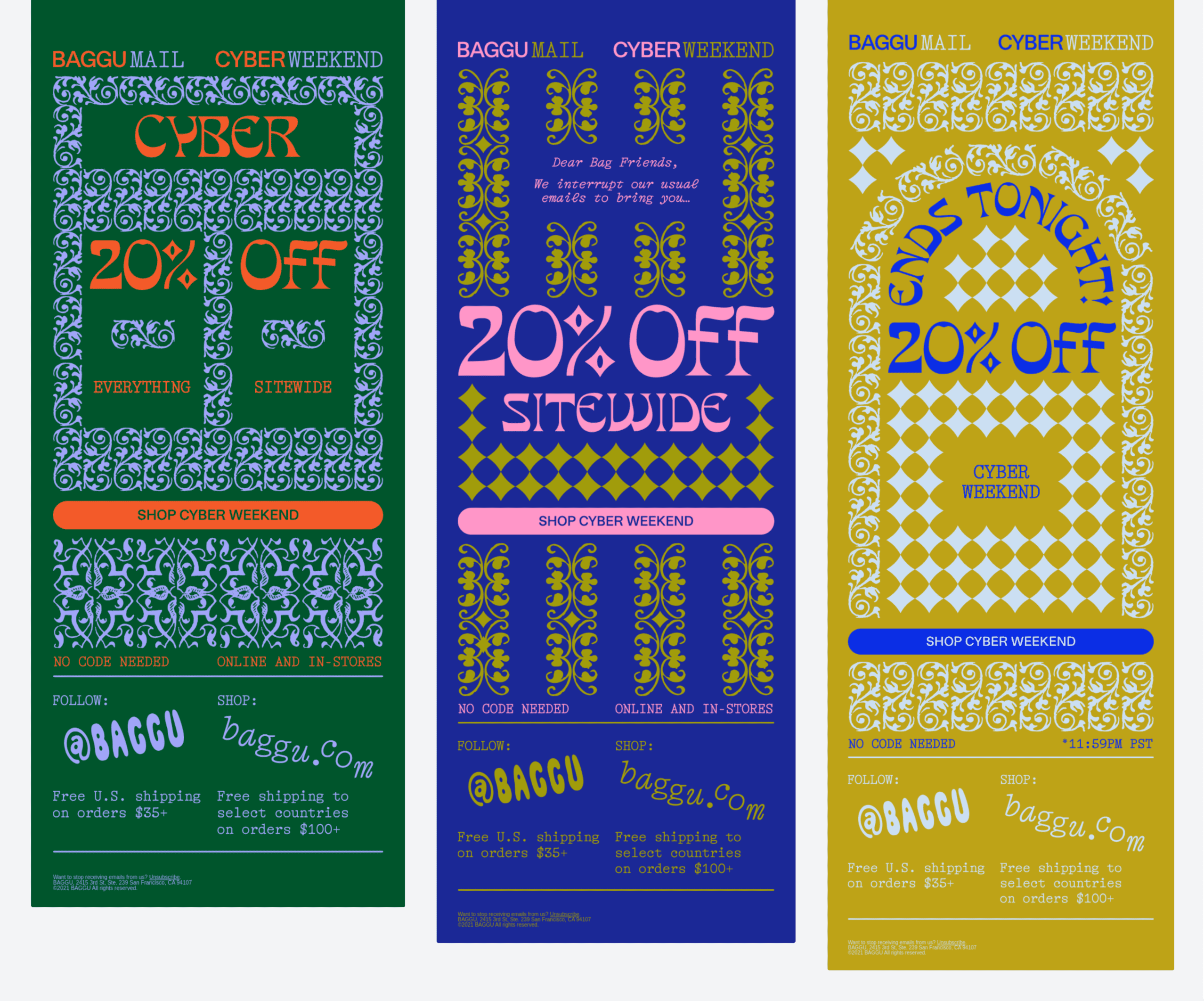 A Cyber Monday email series with repeating fonts and ornaments in different colors