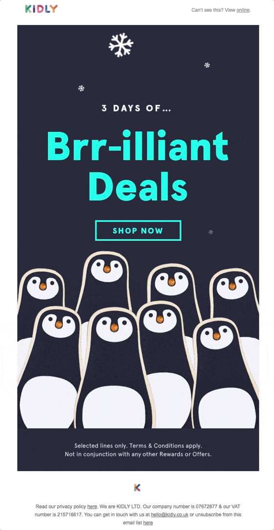 An email with Brr-iliant deals text on the banner and jumping penguins on the bottom