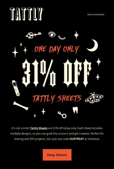A Halloween email with a 31% discount on tattoo sheets