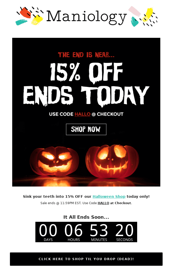 A Halloween email with a countdown timer with days, hours, minutes, and seconds until the end of the sale.