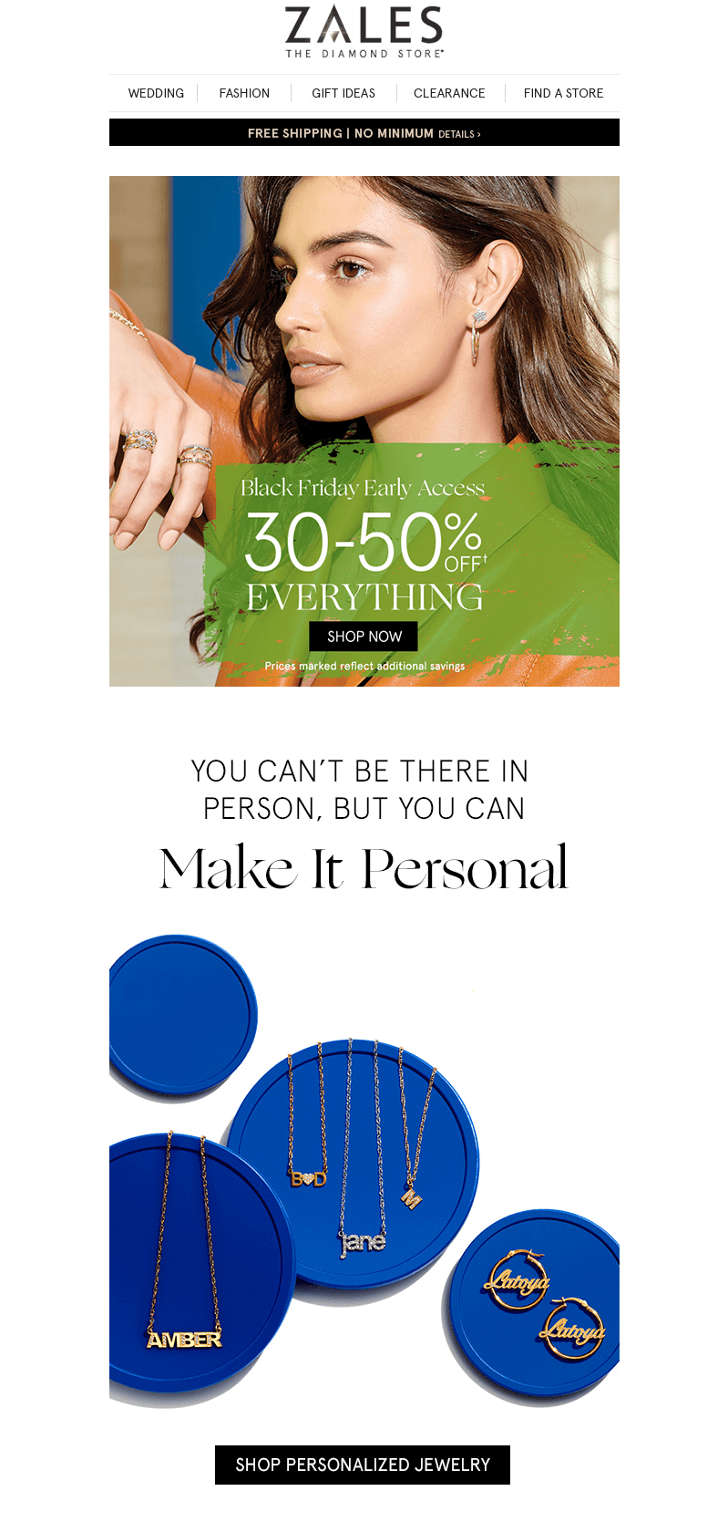 A marketing email promoting personalized jewelry