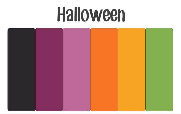 A Halloween color palette with black, a light and a dark purple, an orange, a yellow, and a green.