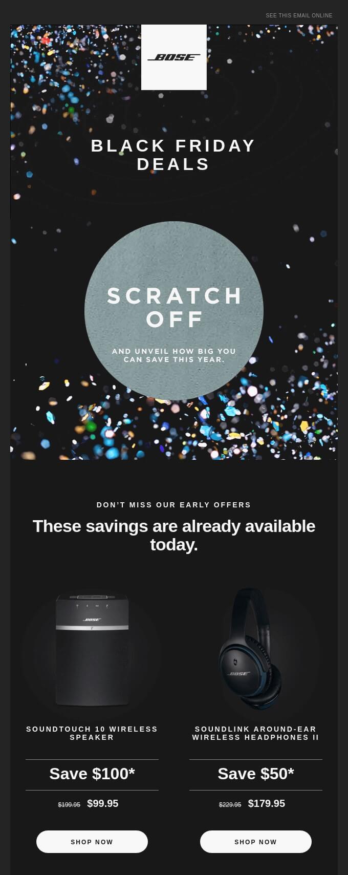 A Black Friday email with a scratch-off sticker that says Scratch off and unveil how big you can save this year.