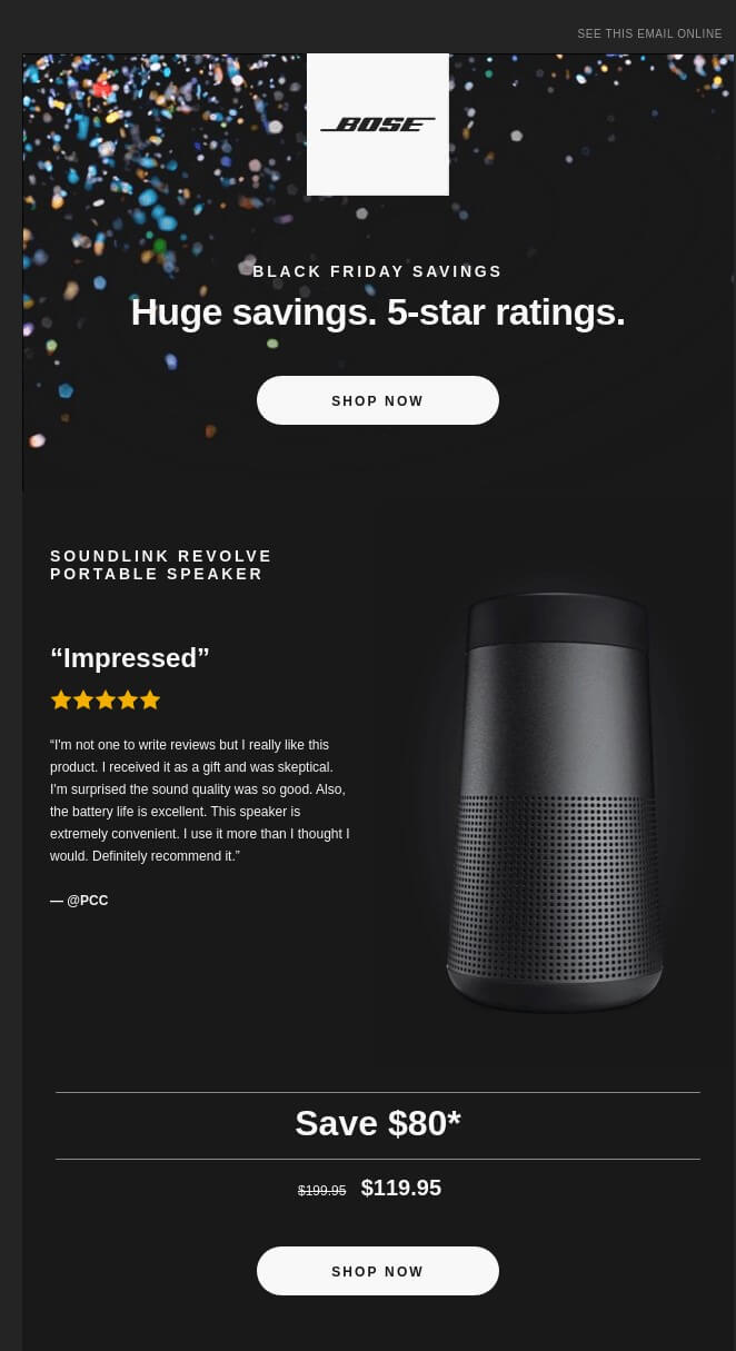 A Black Friday savings email with “Huge savings. 5-star ratings” text and a product recommendation.