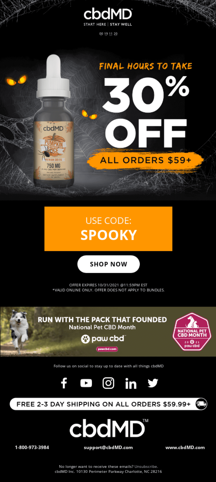 A Halloween email with a 30% discount on the order with a code Spooky