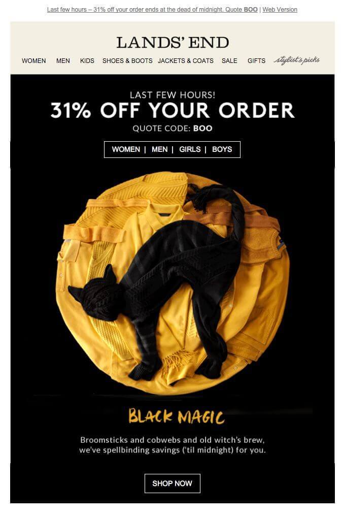 A Halloween email with a 31% discount on the order with a code Boo